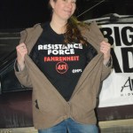 Friends of the Homer Public Library coordinator and poet Erin Hollowell shows off her “Fahrenheit 451” T-shirt at last Friday’s Big Read kickoff celebration.-Photo by Michael Armstrong, Homer News