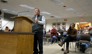 Soldotna trial lawyer Eric Derleth testifies before the Kenai Peninsula Borough Assembly Jan. 20 during the introduction of an ordinance that intends to ask local voters if marijuana cultivation should be prohibited within the rural areas of the borough. Derleth is the co-founder of the Kenai Community Coalition on Cannabis, which has hosted two town hall forums to help educate residents on the benefits of marijuana in the community.-Photo by Dan Balmer/Morris News Service - Alaska