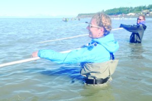 Jill Brown (foreground) dipnets alongside Chelsee Largo (background) on Kenai’s north beach on Sunday, July 19. Dipnetting on the Kenai River is open through July 31. People heading to the Kenai River should expect a crowd as sockeye numbers have been increasing over the last few days.-Photo by Ben Boettger, Morris News Service - Alaska
