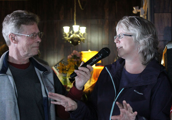 Emcee Dax Radke interviews former Homer Winter Carnival Queen Shelly Ericksen.-Photo by McKibben Jackinsky, Homer News
