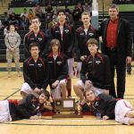 The Seldovia Sea Otter team poses with the first-place 1A trophy. Front row from left: Chance Haller and Seth O'Leary; middle row: Dylan Waterbury, Sam Scribner and Sage Stanish; back row: Calem Collier, Sami Ozyildirim, Aidan Philpot. -Photo by McKibben Jackinsky, Homer News
