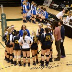 Mariner Head Coach Beth Trowbridge talks strategy during the intense Match 6 of the 3A winners bracket against Monroe at the 2014 State Volleyball Tournament at the new Alaska Airlines Center.-Photo by Stephanie Pitzman
