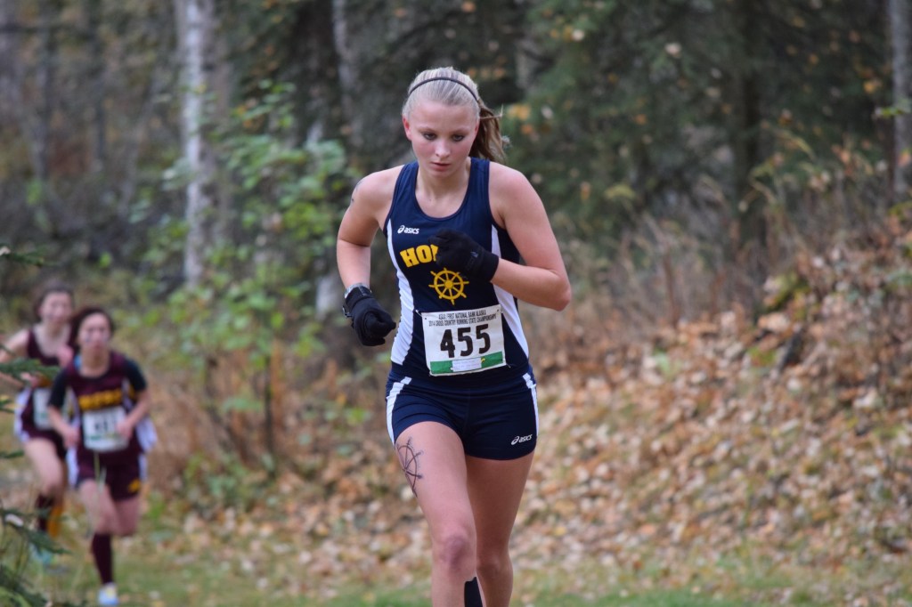 Mariner Aziza Shemet Pitcher tackles an uphill portion of of the course during the state cross-country championship meet in Anchorage on Oct. 4. -Photo by Jim Wolfe