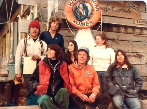 Halibut King Charters, owned by Gordon Terpening and Fred Hicks, was one of about half a dozen charter operations on the Spit when this photo was taken in the late 1970s.  Pictured are, in the top row, Jim Nardelli and Gordon Terpening; in the middle row just below the halibut, Barbara Buzzelli and Bridget Ferguson; and in the bottom row, Renee Hicks, Fred Hicks and Diane Spence-Chorman.-Photo by Kim Terpening