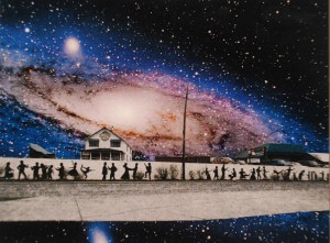 Dick Harrison Sanders’ painting uses a photo collage of Tom Reed’s Pioneer Avenue art mural, “Tribute to Performing Artists.”