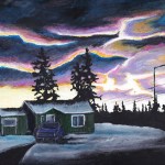 Angela Ramirez’ “Last Stand” is one of a series of sunsets she painted set in the urban environment of Anchorage and Spenard.-Photo by Michael Armstrong, Homer News