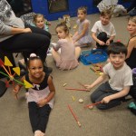 Young mice and octopi hang out backstage at Nutcracker practice. Clockwise from left are Jaelynn Cabana, Daisy Walker, Kate Moseley, Etta Bynagle, Ethan Styvar, Gracie Miotke and Alex Brock.-Photo by Annie Rosenthal