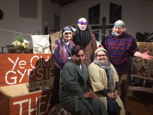 Homer United Methodist Church will present this Nativity play at 6 p.m. Monday. Pictured at left, clockwise standing, are Joan Evans as Colomba, Jim Hornaday as Melchior (descendant of one of the three wisemen, King Melchior,) Dick Dunn as Joey, their son; Falcom Greear as Bruno and Savanna Bradley as Maria.