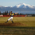 Kyle Johnson pitches the win during the Mariners’ opening game of the season on their home turf. The Mariners defeated Kenai Central 10-2.-Photo by Wendy Wayne