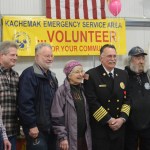 Kenai Peninsula Borough Mayor Mike Navarre, far left, poses with past and current Kachemak Emergency Services board members at an open house Jan. 31 for the new Diamond Ridge Fire Station. From left to right are Navarre, Dave Bachrach, Pat Johnson, Milli Martin, KES Chief Bob Cicciarella, Matt Schneyer and Jeff Middleton.
