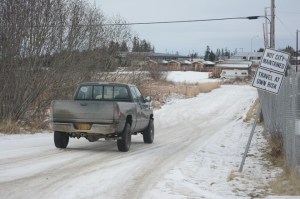 A truck goes down Waddell Way in Feburary.