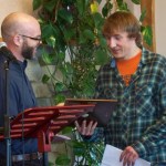 Homer High School teacher Sean Campbell, left, presents Ethan Kizzia with the Youth! Learner award.