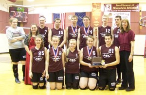 The Nikolaevsk Warriors took second place in the 2012 Southwest Conference Mixed 6 Volleyball Tournament. Front from left: Megan Hickman, Kilina Klaich, Feodora Mametieff, Nianiella Dorvall, Frank Holub; back from left: Nadejda Gordeev, manager Kia Reutov, Jonah Fefelov, Anthony Yakunin, Anatoli Fefelov, Blake Klaich, Neil Gordeev, Greg Trail, Coach Bea Klaich.   -Photo by McKibben Jackinsky, Homer News
