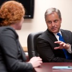 Alaska Gov. Sean Parnell and Alaska Department of Fish and Game Commissioner Cora Campbell are seen Dec. 4 during a joint interview with the Alaska Journal of Commerce in the governor’s Anchorage office. Parnell appointed Campbell to ADFG commissioner in 2010 shortly after winning his first election for governor. Age 31 at the time, Campbell was the second-youngest Cabinet member to ever serve in Alaska.-Photos by Michael Dinneen, Alaska Journal of Commerce
