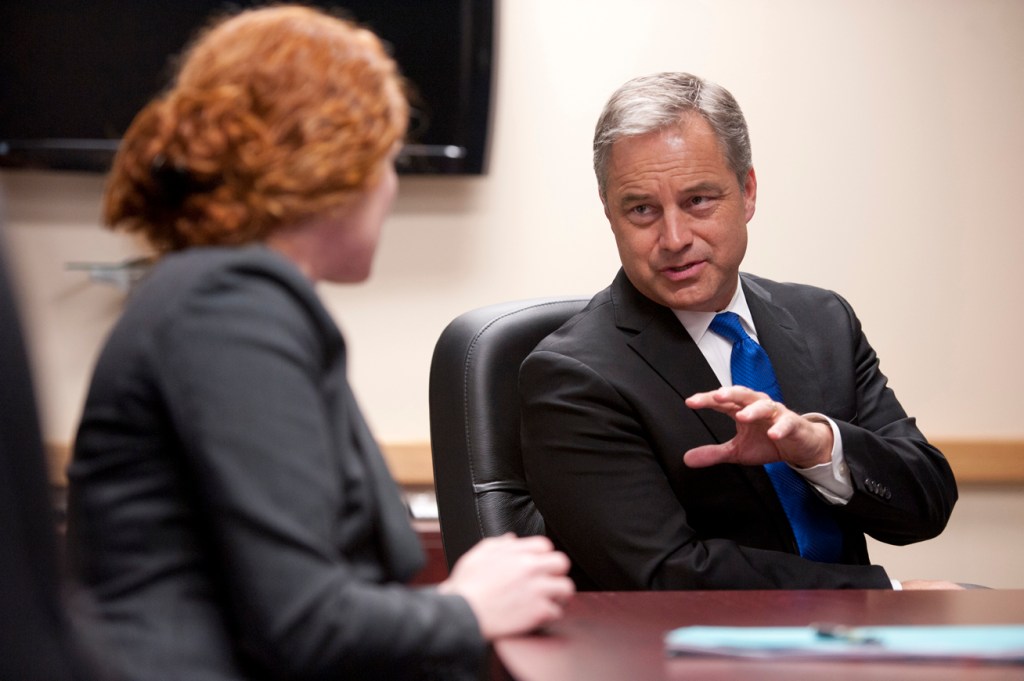 Alaska Gov. Sean Parnell and Alaska Department of Fish and Game Commissioner Cora Campbell are seen Dec. 4 during a joint interview with the Alaska Journal of Commerce in the governor’s Anchorage office. Parnell appointed Campbell to ADFG commissioner in 2010 shortly after winning his first election for governor. Age 31 at the time, Campbell was the second-youngest Cabinet member to ever serve in Alaska.-Photos by Michael Dinneen, Alaska Journal of Commerce
