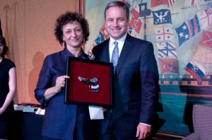 KBC Director Carol Swartz poses with Gov. Sean Parnell after being recognized as one of the recipients of the2012 Governor’s Awards for the Arts and Humanities. The awards were presented at an Oct. 18 dinner at the Hotel Captain Cook in Anchorage. -Photo provided