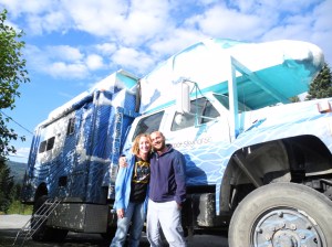 Sarah and Hani Demetrious stand outside Skyhorse, their custom motorhome, at the Homer Brewery on Monday. From Key West, Fla., the couple arrived in Homer this week. See their trip blog at adventuresinskyhorse.com.-Photo by Michael Armstrong, Homer News