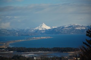 Poot Peak stands out behind the Homer Spit in a view late Monday evening from West Hill Road three days after the jack-up rig Endeavour-Spirit of Independence left.-Photo by Michael Armstrong, Homer News