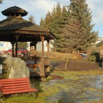 A bench is set next to a boulder and gazebo at WKFL Park. A benefactor proposes to install a statue by Homer artist Leo Vait of Brother Asaiah Bates on top of the boulder. Bates donated the land to the city of Homer for a park.-Photo by Michael Armstrong; Homer News