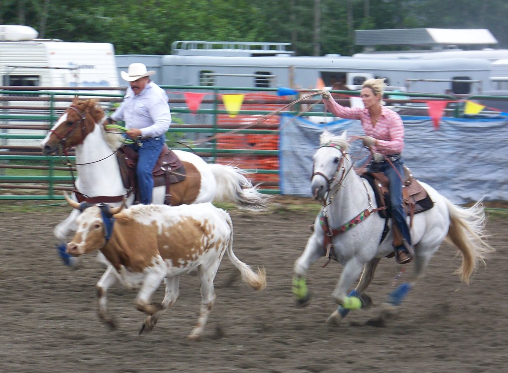 Ninilchik rodeo family camaraderie is evident in each event, whether it’s a young cowboy experiencing the thrill of calf riding, a bull rider trying to hang on for eight seconds, or the two-member teams in the roping competitions.-Photo by McKibben Jackinsky, Homer News
