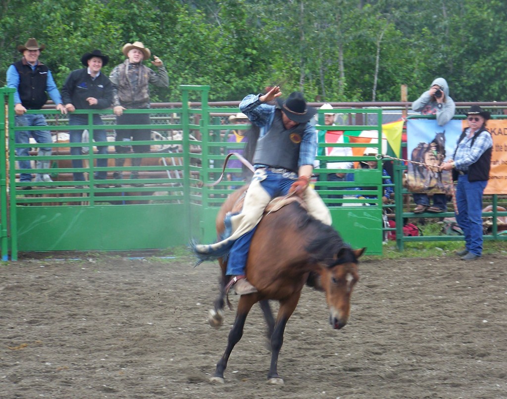 Ninilchik rodeo family camaraderie is evident in each event, whether it’s a young cowboy experiencing the thrill of calf riding, a bull rider trying to hang on for eight seconds, or the two-member teams in the roping competitions.-Photo by McKibben Jackinsky, Homer News