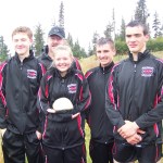 Nikolaevsk’s Jonah Fefelov, Coach Steve Klaich, Megan Hickman, Nicetas Lasiter, Greg Trail took first place in junior varsity competition.-Photo by McKibben Jackinsky, Homer News
