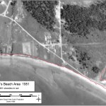 This aerial photo done by the Kachemak Bay Reserach Reserve for a study of shoreline changes shows Old Town in 1951. The intersection of Bunnell Avenue and Main Street is in the center, with Ohlson Lane running diagonally northwest to southeast. The interesection of Ohlson Lane and Pioneer Avenue is in the upper left where the old Homer Intermediate School now is.-Photo provided; Kachemak Bay Research Reserve