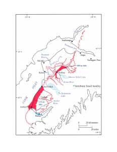 In this map, areas where fossils have been found are shown in blue. The red lines indicate glaciation during the stage 3 interglacial period, with the area toward Cook Inlet ice free, including a large lake, shown in red.