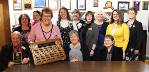 Displaying the Homer Emblem Club’s newest awards are, front from left, Ken Van Valkenburgh, Fran Van Sandt, Julie Parizek,  Joan Evans; back from left, Sandy Owen, Shari Daugherty,  Sherry Parish, Peggy Parsons, Carolyn Bishop, Kathy Van Sandt-Barger, Cinda Martin and Marion Abeldgaard.