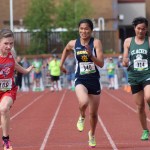 Homer freshman Kaylee Veldstra (340) races her way to a runner-up finish in the 1-2-3A girls 100-meter sprint at the state track and field championships Saturday at Dimond Alumni Field in Anchorage.-Photo by Joey Klecka, Peninsula Clarion