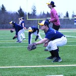 Michael Swoboda and Waope Huffman practice catching and throwing during a baseball practice. The team will play their first game of the season against Soldotna High School on Saturday, April 23.-Photo by Anna Frost; Homer News