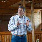 Mark Begich speaks to about 30 people last Thursday, July 26, 2018, at Alices Champagne Palace, Homer, Alaska. Begich, a former Anchorage mayor and U.S. Senator, is running for the Democratic Party nomination for governor. (Photo by Michael Armstrong/Homer News)