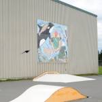 A crow flies over freshly painted ramp at the Homer Skate Park by the Homer Educational and Recreational Complex in Homer, Alaska. Members of the Homer Elks Lodge painted the ramps on Saturday, July 28, 2018. (Photo by Michael Armstrong/Homer News)