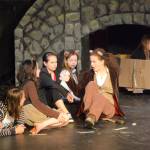 Indigo Sonnenborn, far right, rehearses a scene from The Wind in the Willows. Joining her are, from left to right, Thea Person, Esme Golden, Elsa Pietsch and Poppy Smith. The Pier One Youth Theatre play shows Thursday through Sunday, Aug. 9-12, 2018, in Homer, Alaska. (Photo by Michael Armstrong/Homer News)