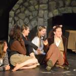 Indigo Sonnenborn, far right, rehearses a scene from The Wind in the Willows. Joining her are, from left to right, Thea Person, Esme Golden, Elsa Pietsch and Poppy Smith. The Pier One Youth Theatre play shows Thursday through Sunday, Aug. 9-12, 2018, in Homer, Alaska. (Photo by Michael Armstrong/Homer News)