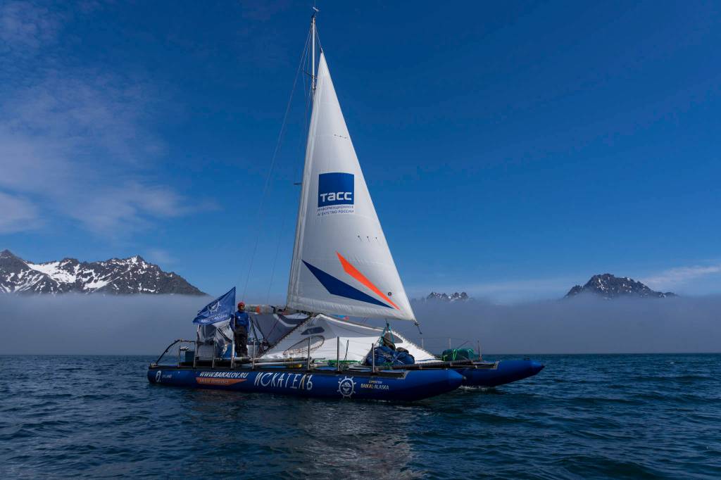 Iskatel at sea earlier this summer. Last Thursday morning, Aug. 30, 2018, the inflatable catamaran arrived at the Homer, Alaska, harbor after a two-year trip from Lake Baikal, Russia, to Homer, arriving Aug. 26. (Photo provided/Baikal-Alaska Expedition)