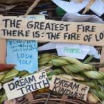 Signs and other objects adorn the 2018 Burning Basket, Dream, on Sept. 9, 2018 at Mariner Park in Homer, Alaska. (Photo by Michael Armstrong/Homer News)