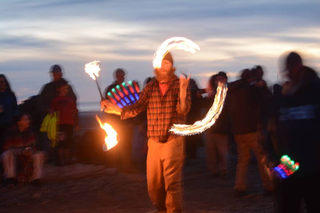 Jesse Toub spins fire at the 2018 Burning Basket, Dream, on Sept. 9 at Mariner Park, Homer, Alaska. (Photo by Michael Armstrong/Homer News)