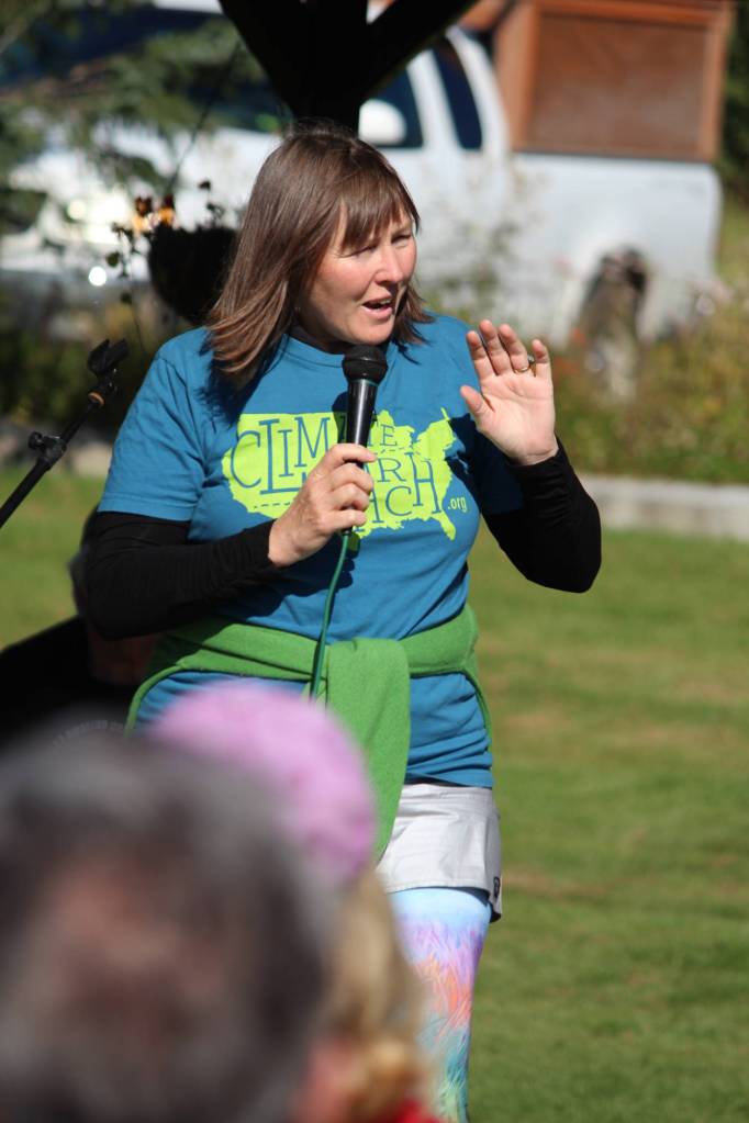 Kat Haber speaks during the Rise for Climate, Jobs and Justice rally and march Saturday, Sept. 8, 2018 at WKFL Park in Homer, Alaska. About 80-90 people attended. (Photo by Megan Pacer/Homer News)