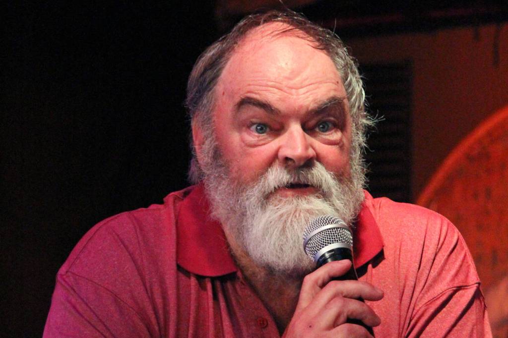 Ken Castner III answers a question at a city council and mayoral candidate forum Tuesday, Sept. 11, 2018 at Alices Champagne Palace in Homer, Alaska. Castner is running for Homer mayor. (Photo by Megan Pacer/Homer News)