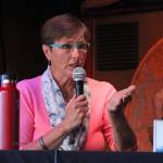 Homer City Council member Donna Aderhold answers a question during a candidate forum Tuesday, Sept. 11, 2018 at Alices Champagne Palace in Homer, Alaska. Hosted by the Homer Chamber of Commerce, the forum was for city council candidates and mayoral candidates. (Photo by Megan Pacer/Homer News)