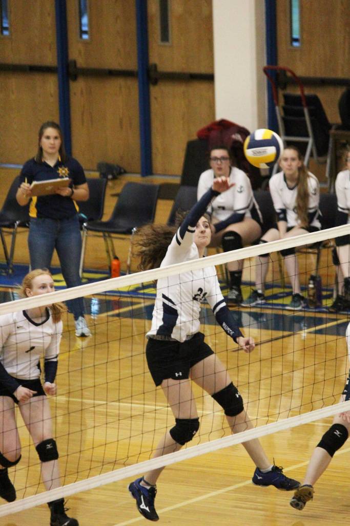 <span class="neFMT neFMT_PhotoCredit">Photo by Megan Pacer/Homer News</span>                                Homers Marina Carroll spikes the ball over the net during a game against Kenai Central High School on Thursday, Sept. 13 at Homer High School in Homer Alaska. The Mariners beat the Kardinals three games to one in the Southcentral Conference match-up.