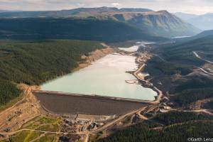 The wall of the Red Chris tailings pond is a little less than 350 feet, or about the height of a 35-story building. It follows the same design as the Mount Polley tailings dam, which broke in 2014, sending 24 million cubic meters of toxic mine tailings into the Fraser River watershed. It is designed, however, to hold 305 million cubic meters of mine waste  seven times more than Mount Polley. Both mines are owned by Imperial Metals. (Courtesy Photo | Garth Lenz via Salmon State)