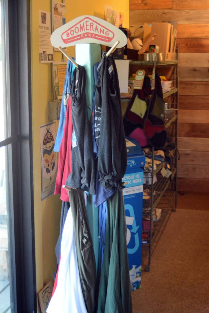A display of Boomerang Bags is available at Sustainable Wares, shown here Tuesday, Sept. 25, 2018 on Ocean Drive in Homer, Alaska. Store owner Karen West said that people have been regularly using the bags. (Photo by Michael Armstrong/Homer News)