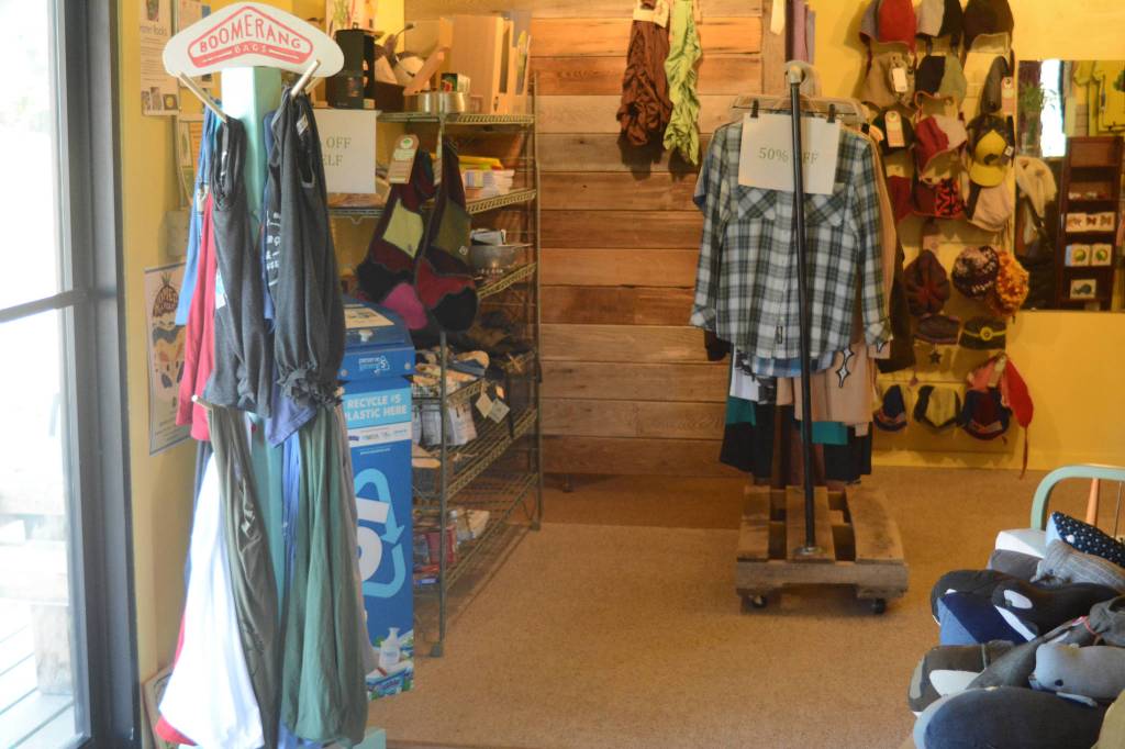 A display of Boomerang Bags is available at Sustainable Wares, shown here on Tuesday, Sept. 25, 2018 on Ocean Drive in Homer, Alaska. Store owner Karen West said that people have been regularly using the bags. (Photo by Michael Armstrong/Homer News)