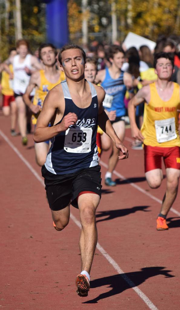 Soldotnas Bradley Walters approaches the finish of the Division I boys race Saturday at the ASAA state cross-country running championships at the Bartlett Trails in Anchorage. (Photo by Joey Klecka/Peninsula Clarion)