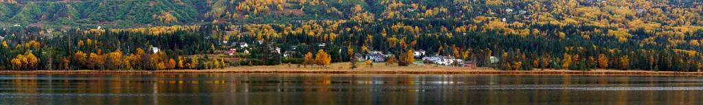 Fall colors are reflected in Beluga Lake in this panoramic photograph take on Oct. 5, 2018, in Homer, Alaska. (Photo by Michael Armstrong/Homer News)