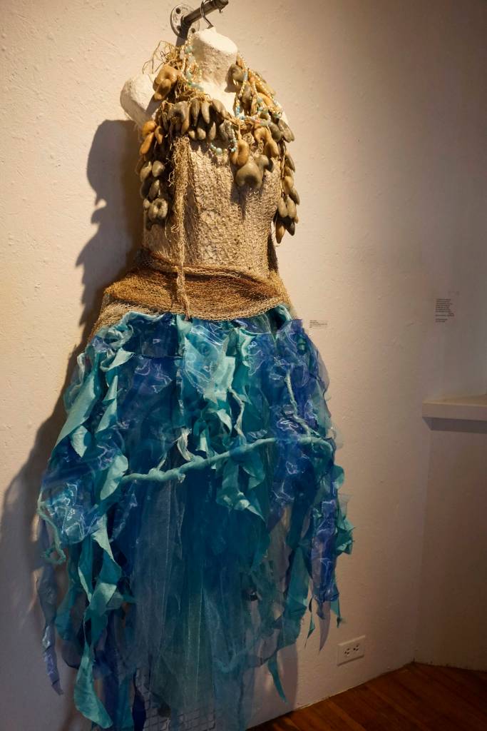 Keren Lowells Full Fathom Five, part of her show at Bunnell Street Arts Center as seen at the First Friday, Oct. 6, 2018, opening in Homer, Alaska. The title refers to a line in Willam Shakespeares The Tempest: Full fathom five thy father lies. Many of Lowells garments have poetic references. (Photo by Michael Armstrong/Homer News)