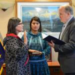 Valerie Davidson, left, takes the oath of office as Alaskas lieutenant governor on Tuesday, Oct. 16, 2018 from Gov. Bill Walker in Anchorage. (Office of the Governor | Courtesy photo)