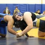 Homers Jadin Mann grapples with a member of Soldotnas wrestling team during a dual match between their two schools Friday, Oct. 19, 2018 at Homer High School in Homer, Alaska. (Photo by Megan Pacer/Homer News)